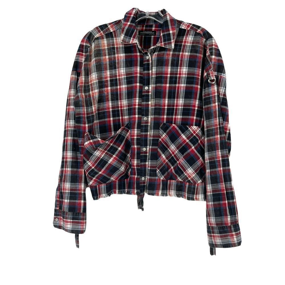 ZARA Cropped Plaid Shirt Black Red Snap Front Raw Hem Size S Oversized Relaxed